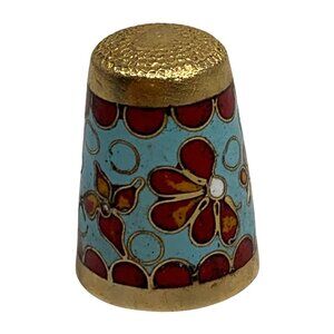 Vintage Cloisonne Enamel Sewing Thimble Red Floral Design Gold Detailing